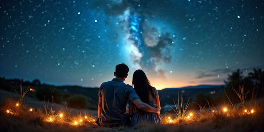 Paar unter dem Sternenhimmel, umgeben von sanften Lichtern.