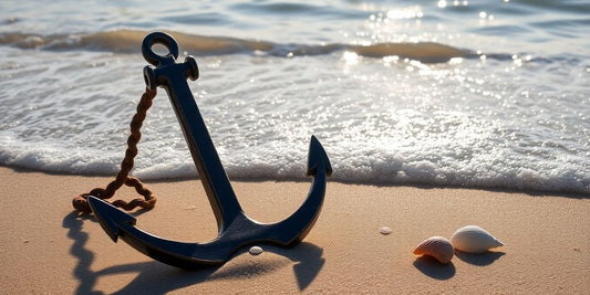 Ein Anker am Strand mit sanften Wellen.