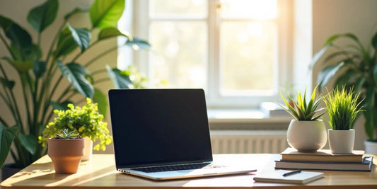 Ein ruhiger Arbeitsplatz mit Schreibtisch und Laptop.