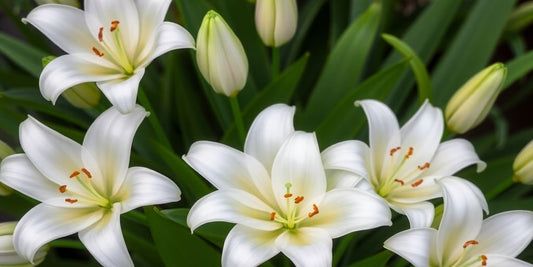Weiße Lilien in voller Blüte, umgeben von grünen Blättern.