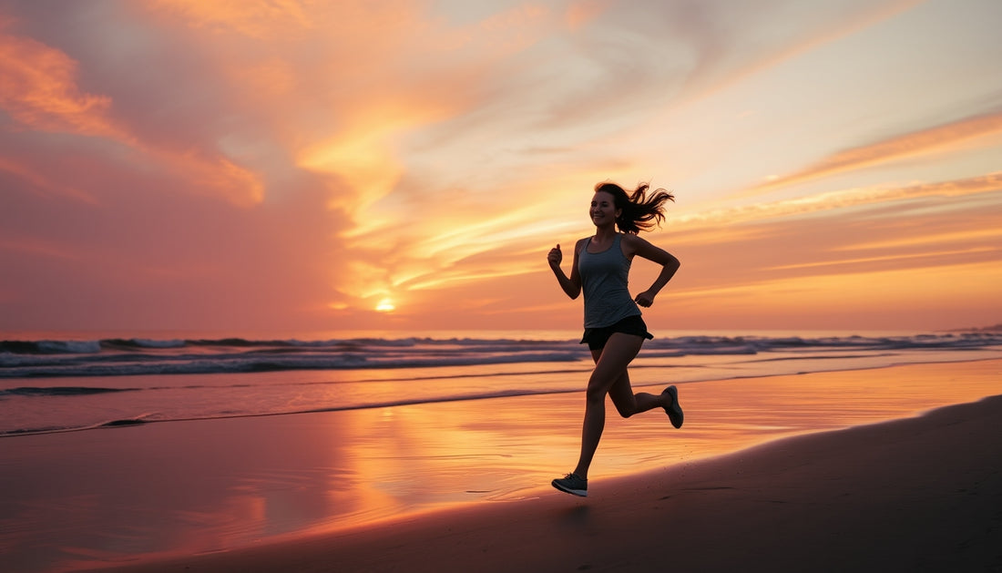 Woman running on beach during sunset.