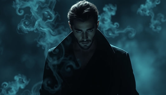 Mysterious man in shadows with swirling mist.