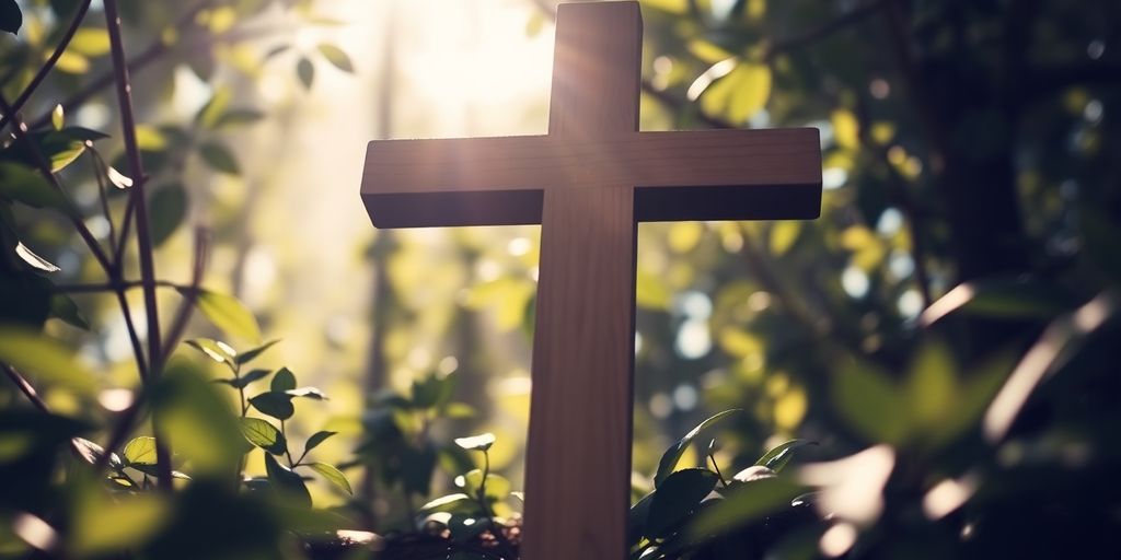 Ein Holzkreuz in der Natur, umgeben von Licht.