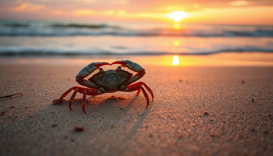 Two crabs symbolizing love on a beach at sunset.