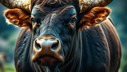Close-up of a powerful bull's face.