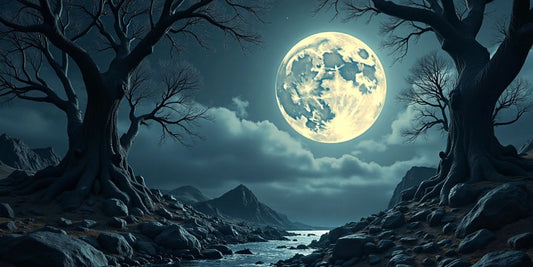 Dunkle Landschaft mit Vollmond und geheimnisvollen Schatten.