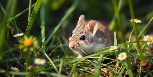 Nahaufnahme einer Maus im Gras.