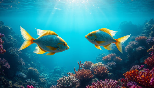 Two Pisces fishes swimming in a vibrant coral reef.