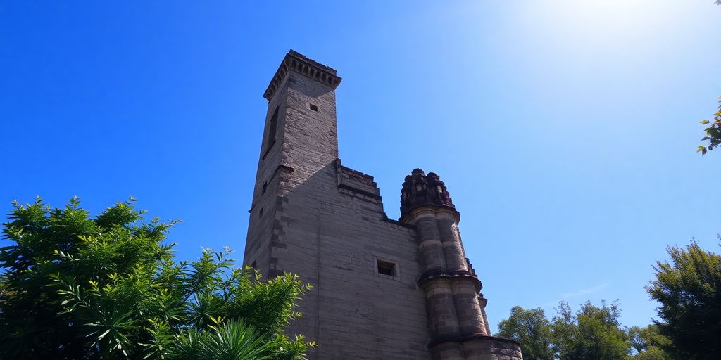 Alter Turm umgeben von Bäumen und blauem Himmel.