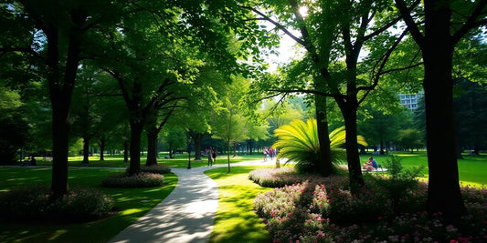 Ein ruhiger Park mit Bäumen und bunten Blumen.