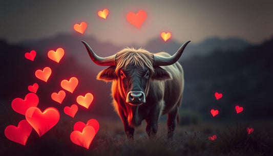 Taurus bull in a romantic setting with glowing hearts.