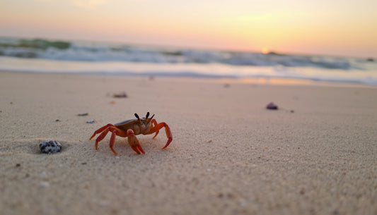 A crab on the beach at sunset.