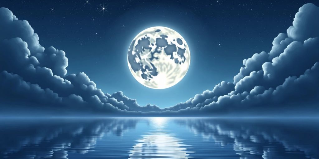 Voller Mond über einer ruhigen Landschaft mit Wasser.