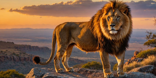 Ein Löwe steht majestätisch im Sonnenuntergang.