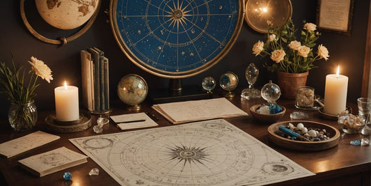 Astrologische Arbeitsbereich mit Charts und Kristallen
