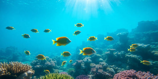 Bunte Fische schwimmen im klaren Wasser zwischen Korallen.