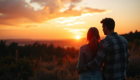 Couple in love at sunset in a natural setting.