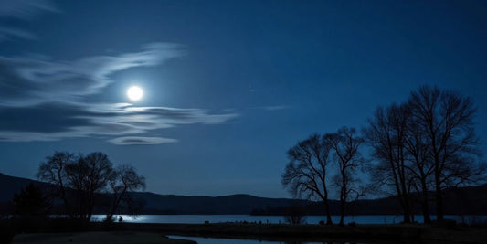 Voller Mond über einem ruhigen See und Bäumen.