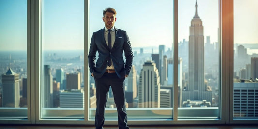 Person im Anzug vor Stadtansicht.