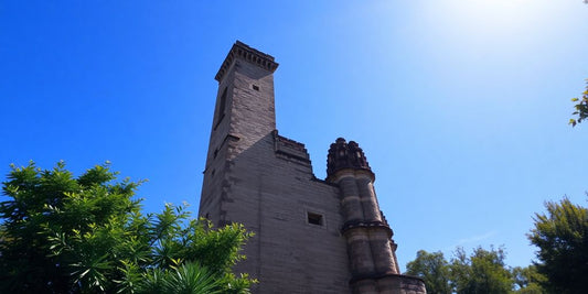 Alter Turm umgeben von Bäumen und blauem Himmel.