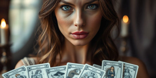 Eine Frau mit Lenormand-Karten in mystischer Umgebung.
