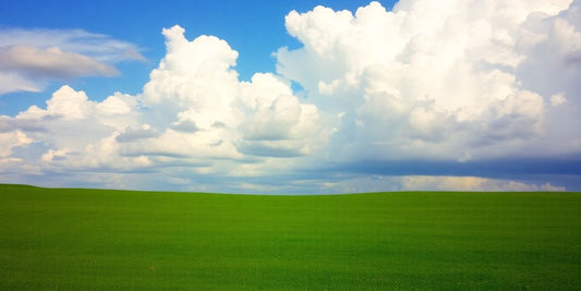 Wolken über einer grünen Wiese im blauen Himmel.