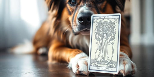 Ein Hund sitzt neben einer Tarotkarte.