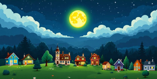 Der Mond über zwölf Häusern in der Nacht.