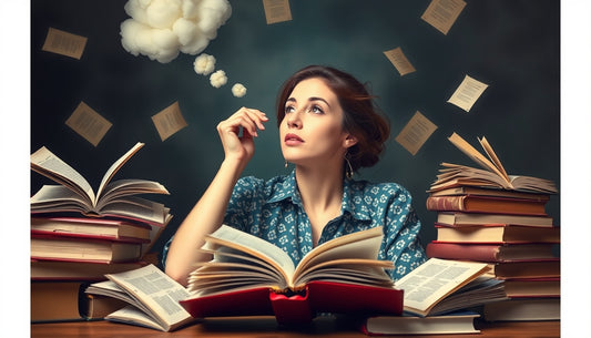 Woman learning with books and notes, expressing curiosity.