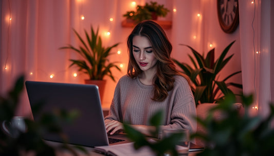 Woman working on a laptop in a romantic atmosphere.