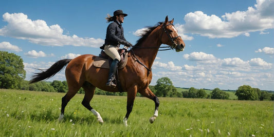 Reiter auf einem Pferd im grünen Feld